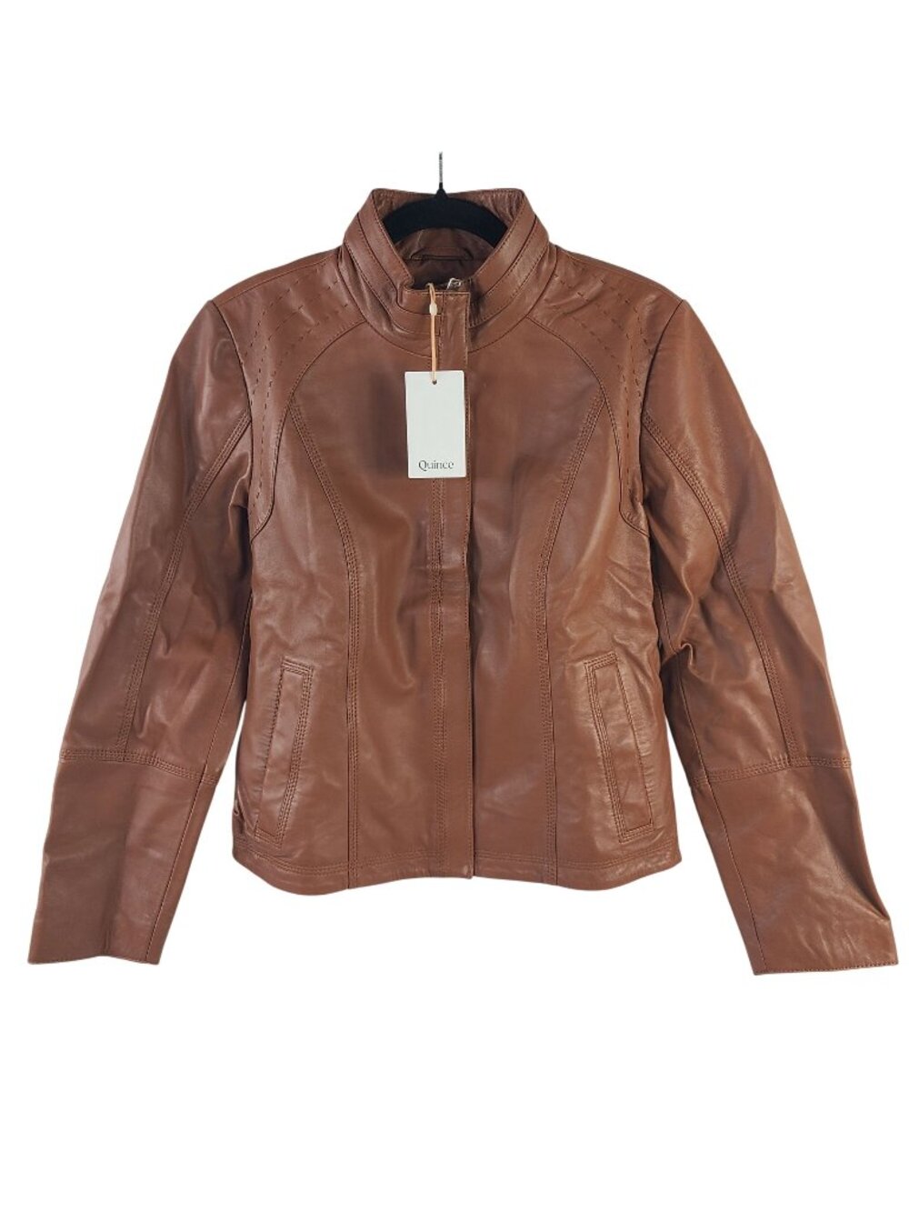 NEW Quince 100% Sheep Leather Stand Collar Jacket Cognac Women's Size M - Picture 1 of 11